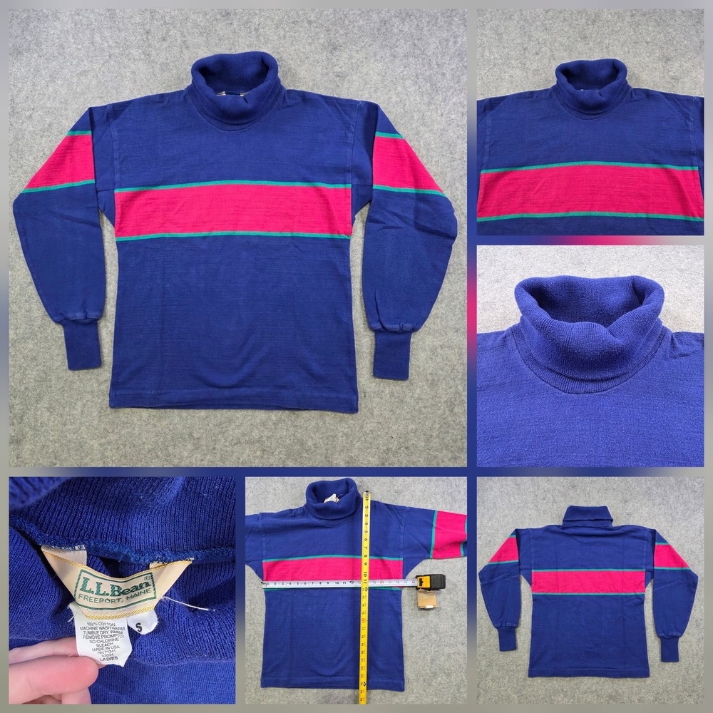 Vintage LL Bean Sweater Womens Small Blue Striped Turtleneck USA Colorblock